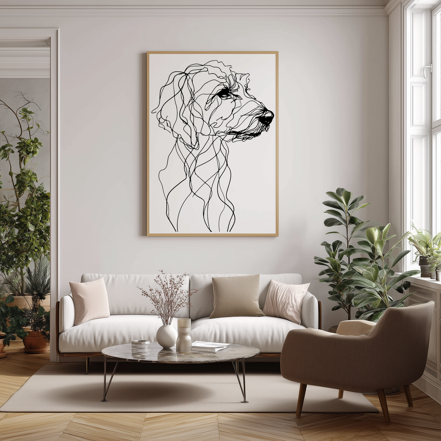 Wandbild Dog Poster Line Art Mini Aussiedoodle, minimalistisches modernes Design, ideal für stilvolle Raumgestaltung.